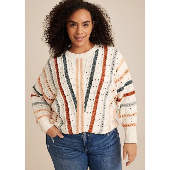Maurices Chenille Stripped Dolman Sweater Multicolor Crochet Size XL Cozy Comfy - Picture 5 of 9